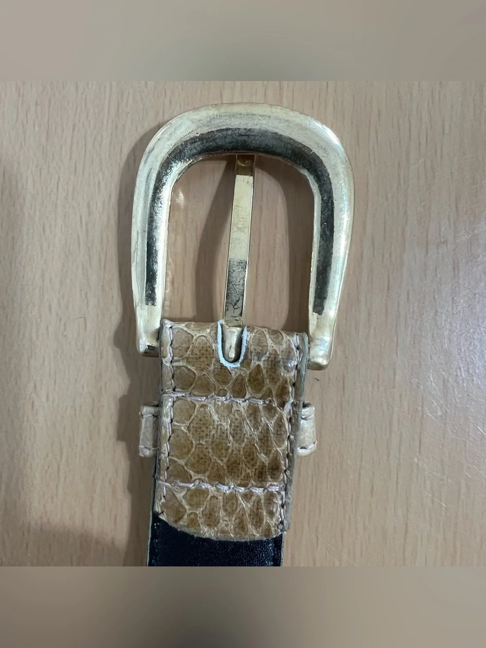 Women's Tan Snake Skin Leather Belt with Gold Buckle Size Small
